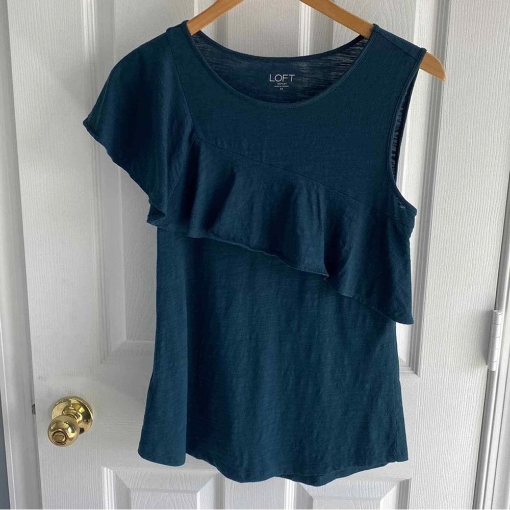 LOFT Blue Asymmetrical Ruffled Sleeveless Blouse Size XS Bohemian 100%‎ Cotton